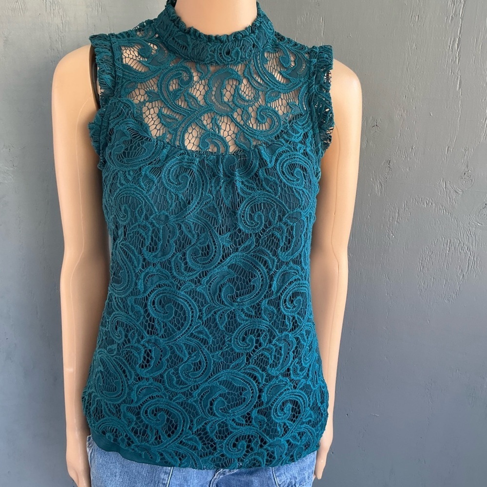 HeartSoul Blue Sleeveless Fitted Blouse with Mandarin Collar